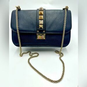 Auth Valentino Garavani Black Leather Rockstud Chainlink Glam Lock Shoulder Bag